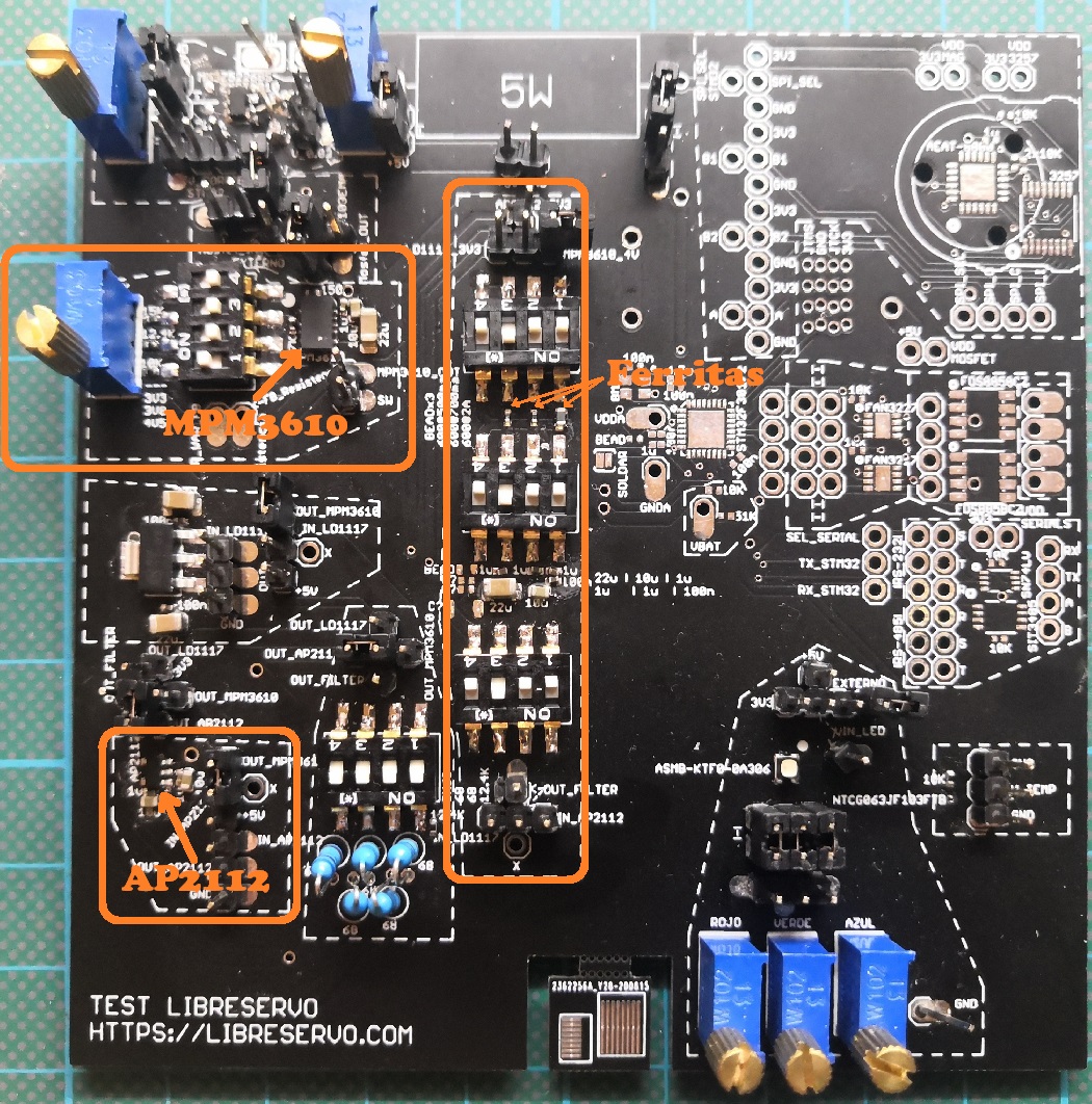 Power elements on the Test PCB for LibreServo